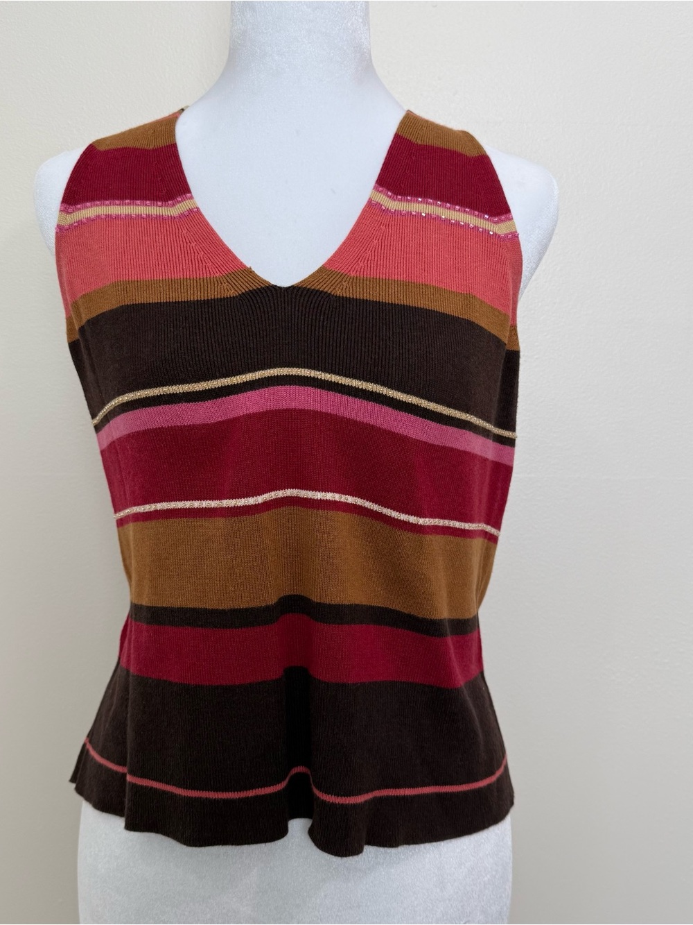Sleeveless V-Neck Striped beaded Knit Top — Red, Pink & Brown